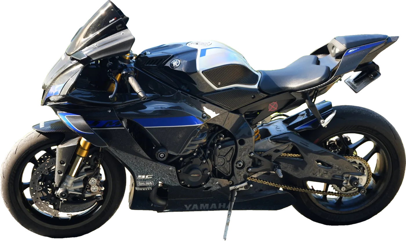 Yamaha YZF-R1M negra y azul con fibra de carbono